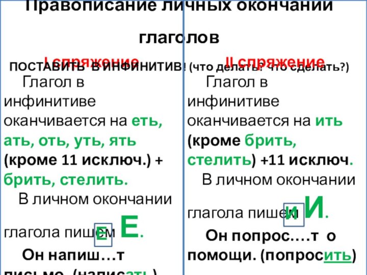 I спряжение   Глагол в инфинитиве оканчивается на еть, ать, оть,