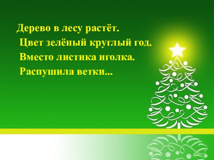 Дерево в лесу растёт. Цвет зелёный круглый год. Вместо листика иголка. Распушила ветки...