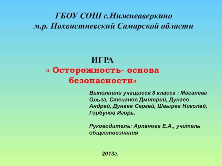 ГБОУ СОШ с.Нижнеаверкино м.р. Похвистневский Самарской областиВыполнили учащиеся 8 класса : Маганева