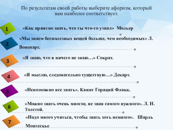 По результатам своей работы выберите афоризм, который вам наиболее соответствует.«Мы знаем бесполезных