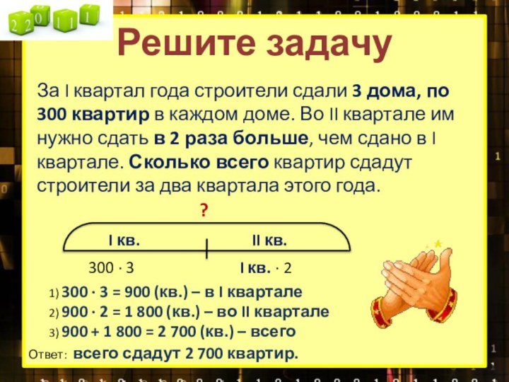 Решите задачуЗа I квартал года строители сдали 3 дома, по 300 квартир