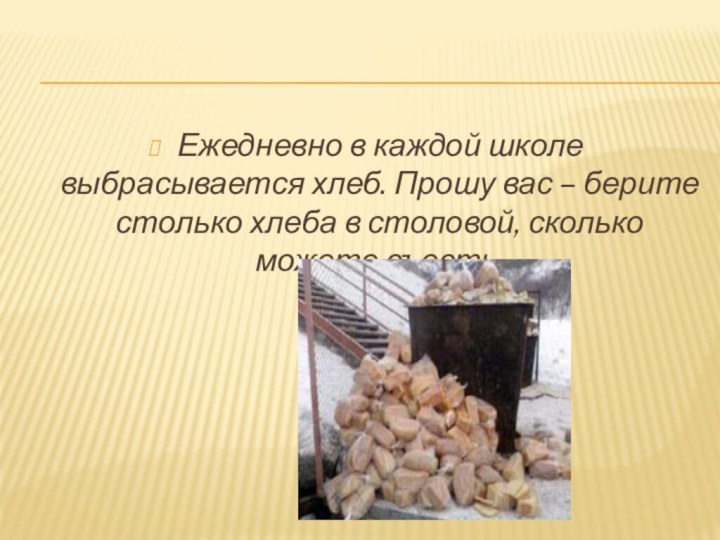 Ежедневно в каждой школе выбрасывается хлеб. Прошу вас – берите столько хлеба