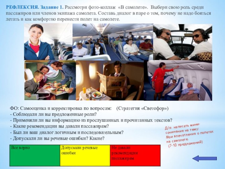 РЕФЛЕКСИЯ. Задание 1. Рассмотри фото-коллаж «В самолете». Выбери свою роль среди пассажиров