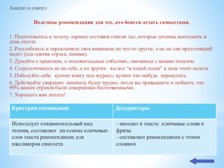 Анализ и синтезПолезные рекомендации для тех, кто боится летать самолетами.1. Подготовьтесь к
