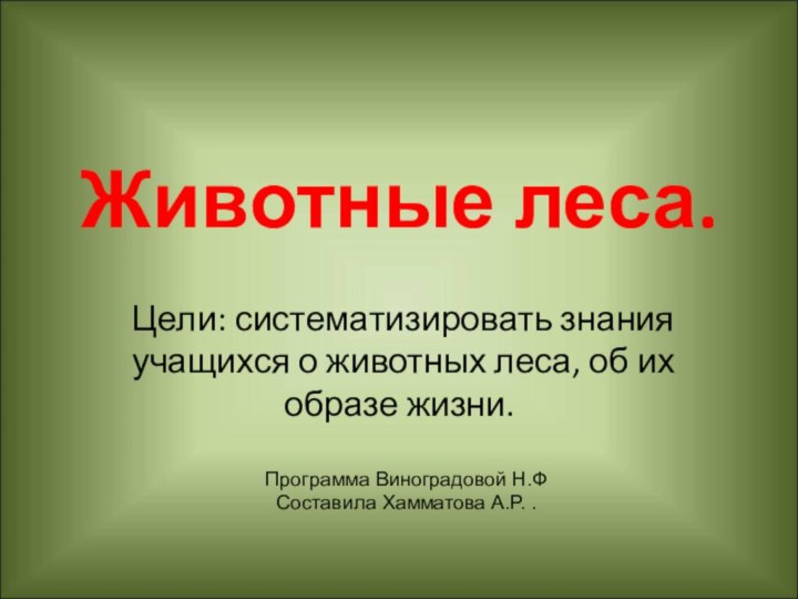 Животные леса.Цели: систематизировать знания учащихся о животных леса, об их образе жизни.Программа