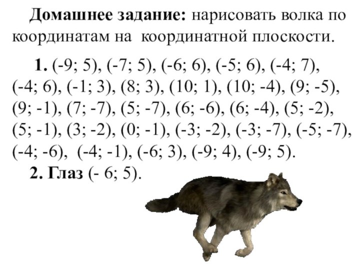 Домашнее задание: нарисовать волка по координатам на координатной плоскости. 1. (-9; 5),