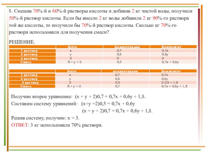 8. Смешав 70%-й и 60%-й растворы кислоты и добавив 2 кг чистой