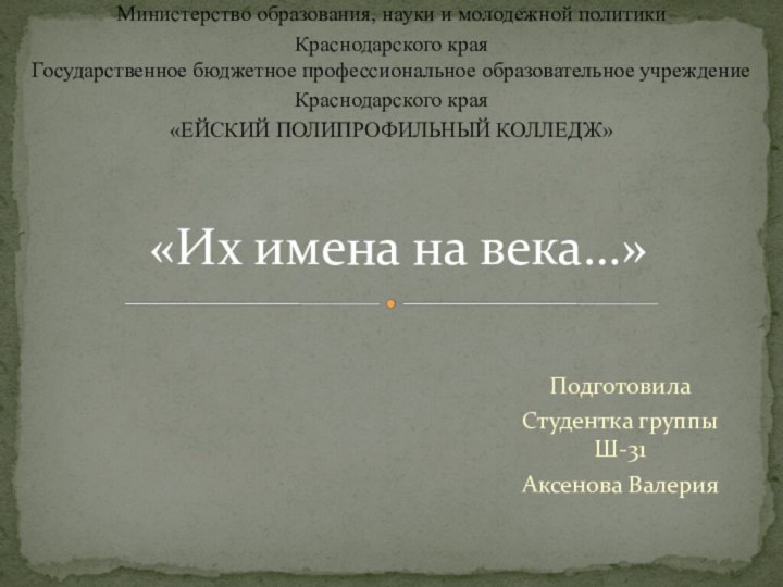 Подготовила Студентка группы Ш-31Аксенова Валерия«Их имена на века…»