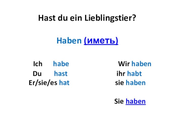 Hast du ein Lieblingstier?  Haben (иметь)     Ich