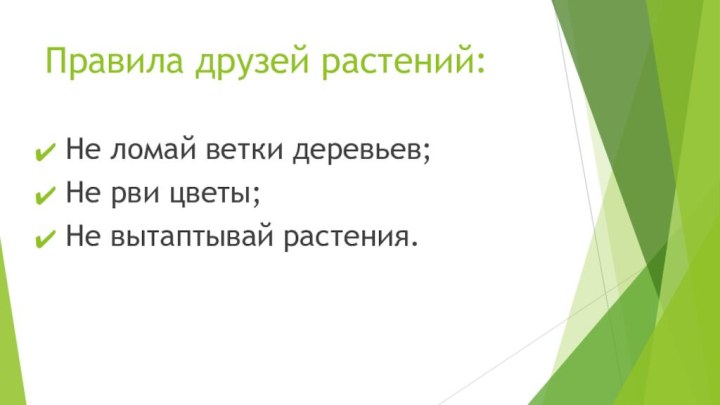 Правила друзей растений:Не ломай ветки деревьев;Не рви цветы;Не вытаптывай растения.