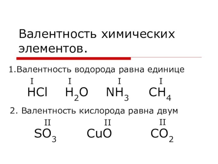 Валентность химических элементов.1.Валентность водорода равна единицеIII2. Валентность кислорода равна двум  IIIIIНCl