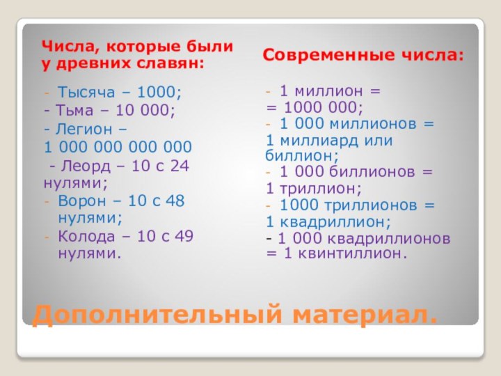 Дополнительный материал.Числа, которые были у древних славян:Современные числа:Тысяча – 1000;- Тьма –