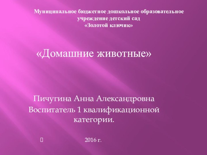 Муниципальное бюджетное дошкольное образовательное  учреждение детский сад «Золотой ключик»«Домашние животные»Пичугина Анна