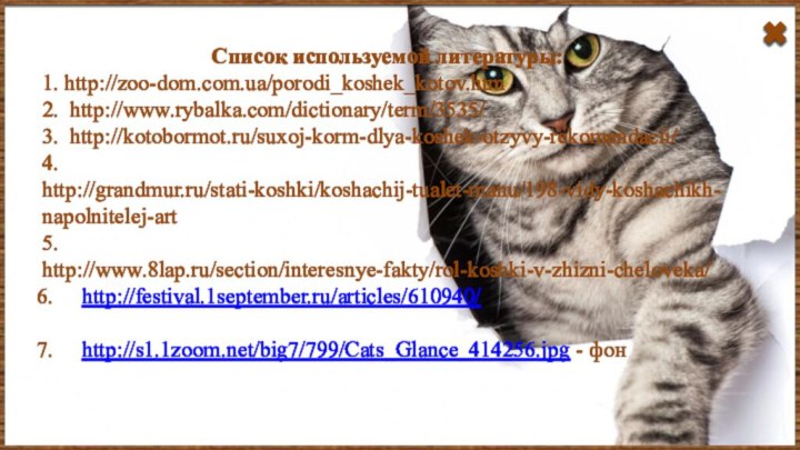 Список используемой литературы:1. http://zoo-dom.com.ua/porodi_koshek_kotov.htm2. http://www.rybalka.com/dictionary/term/3535/3. http://kotobormot.ru/suxoj-korm-dlya-koshek-otzyvy-rekomendacii/4. http://grandmur.ru/stati-koshki/koshachij-tualet-manu/198-vidy-koshachikh-napolnitelej-art5. http://www.8lap.ru/section/interesnye-fakty/rol-koshki-v-zhizni-cheloveka/http://festival.1september.ru/articles/610940/http://s1.1zoom.net/big7/799/Cats_Glance_414256.jpg - фон