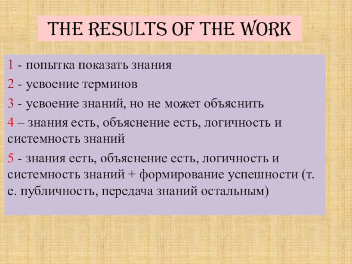 The results of the work1 - попытка показать знания2 - усвоение терминов3