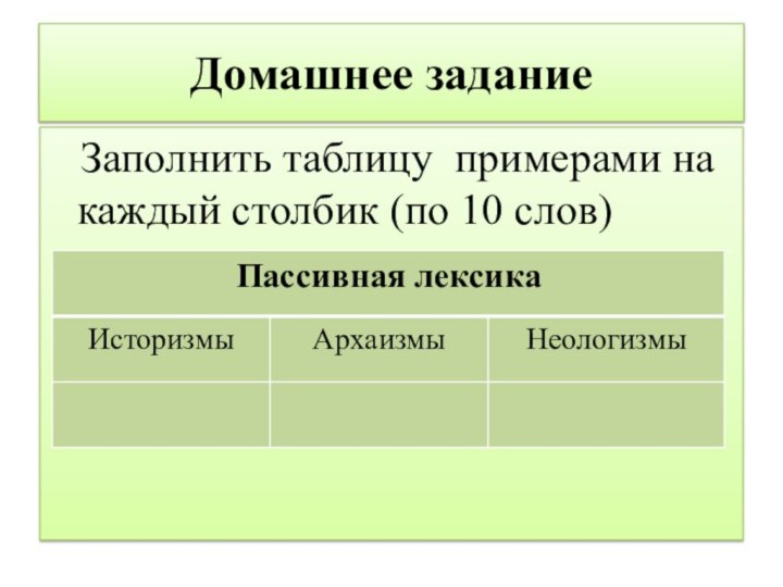 Домашнее задание  Заполнить таблицу примерами на каждый столбик (по 10 слов)