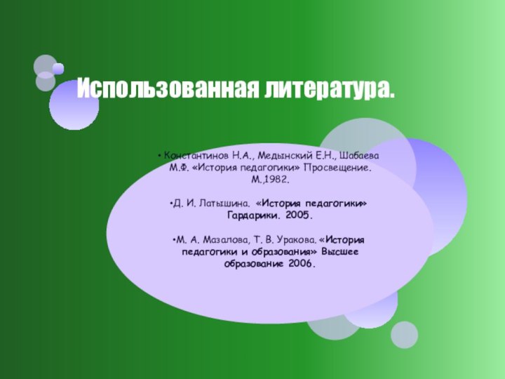 Константинов Н.А., Медынский Е.Н., Шабаева М.Ф. «История педагогики» Просвещение. М.,1982.Д. И.