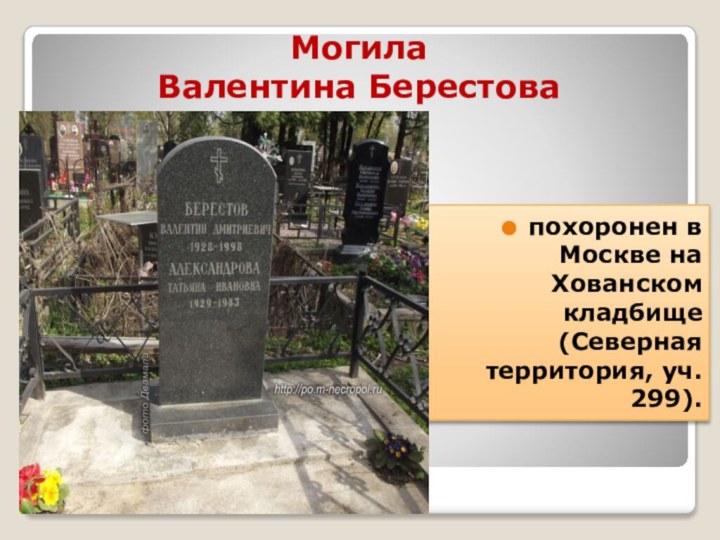 Могила  Валентина Берестовапохоронен в Москве на Хованском кладбище (Северная территория, уч. 299).