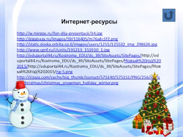 Интернет-ресурсыhttp://w.mirpps.ru/fon-dlja-prezentacii/34.jpghttp://gigabaza.ru/images/59/116405/m76a8c1f2.pnghttp://static.doska.orbita.co.il/images/users/1255/125532_img_298626.jpghttp://www.cgnf.ru/i/units/191213_151910_1.jpghttp://eduportal44.ru/Kostroma_EDU/ds_39/SiteAssets/SitePages/http://eduportal44.ru/Kostroma_EDU/ds_39/SiteAssets/SitePages/Новый%20год%202015/http://eduportal44.ru/Kostroma_EDU/ds_39/SiteAssets/SitePages/Новый%20год%202015/ng-5.pnghttp://zizaza.com/cache/big_thumb/iconset/575140/575151/PNG/256/iconset_christmas/christmas_snowman_holiday_winter.png