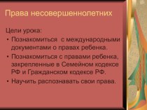 Презентация по обществознанию на тему Права несовершеннолетних (9 класс)