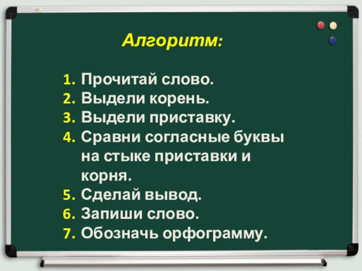 Прочитай слово.Выдели корень.Выдели приставку.Сравни согласные буквы на стыке приставки и корня.Сделай вывод.Запиши слово.Обозначь орфограмму.Алгоритм: