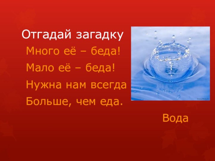 Отгадай загадкуМного её – беда!Мало её – беда!Нужна нам всегдаБольше, чем еда.Вода