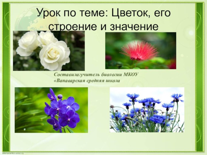 Урок по теме: Цветок, его строение и значениеСоставила:учитель биологии МКОУ «Ванаварская средняя школа