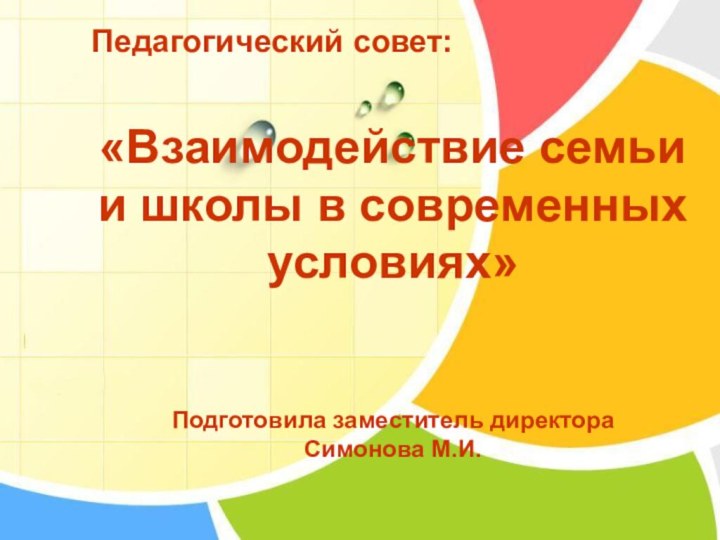 Педагогический совет:«Взаимодействие семьи и школы в современных условиях»Подготовила заместитель директораСимонова М.И.