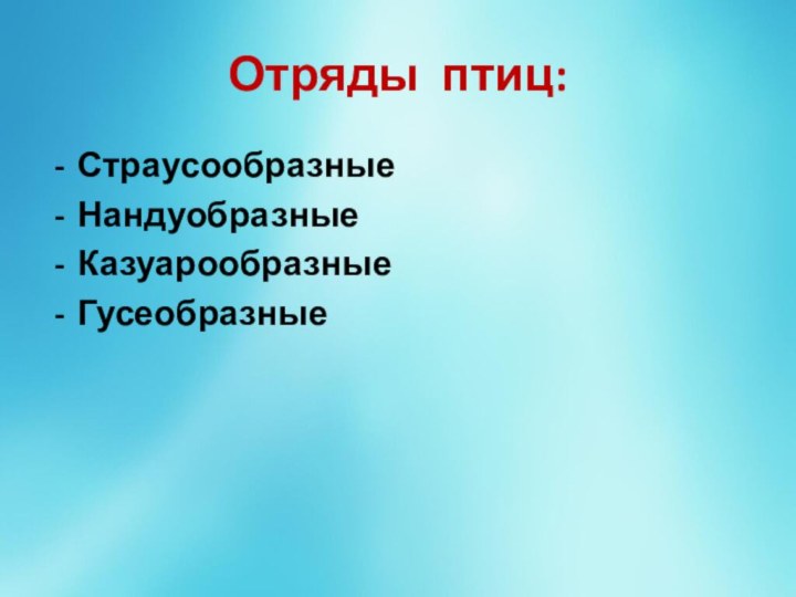 Отряды птиц:СтраусообразныеНандуобразныеКазуарообразныеГусеобразные