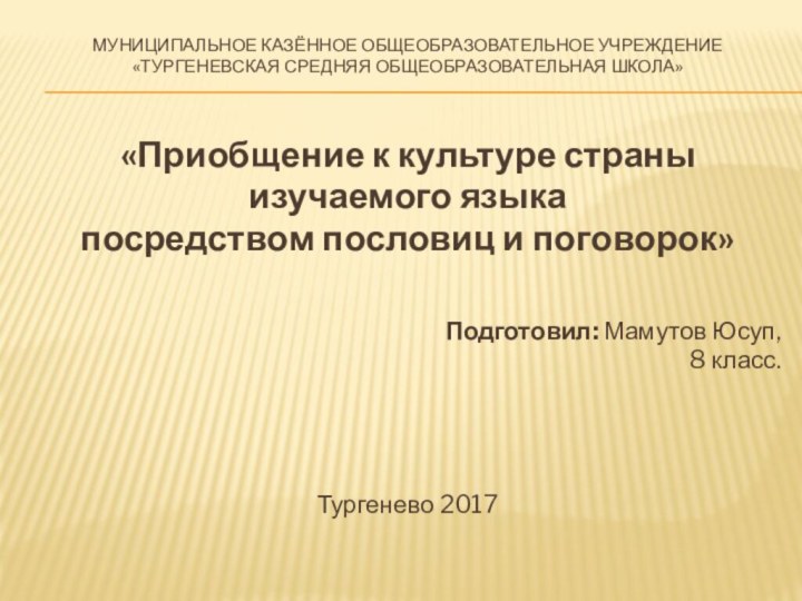 Муниципальное казённое общеобразовательное учреждение «Тургеневская средняя общеобразовательная школа»   «Приобщение к культуре