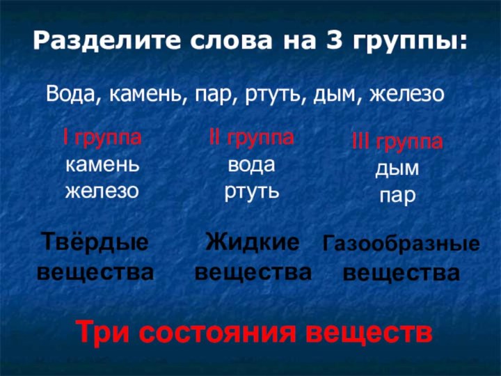 Разделите слова на 3 группы:I группакаменьжелезоII группаводартутьIII группадымпарТвёрдыевеществаЖидкиевеществаГазообразные веществаТри состояния веществВода, камень, пар, ртуть, дым, железо