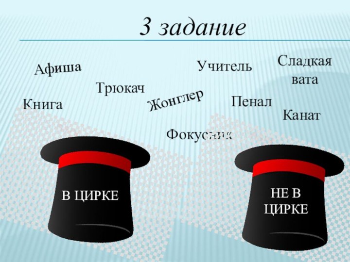 3 задание АфишаТрюкачУчительЖонглерКанатКнигаПеналФокусникСладкая ватаВ ЦИРКЕНЕ В ЦИРКЕ