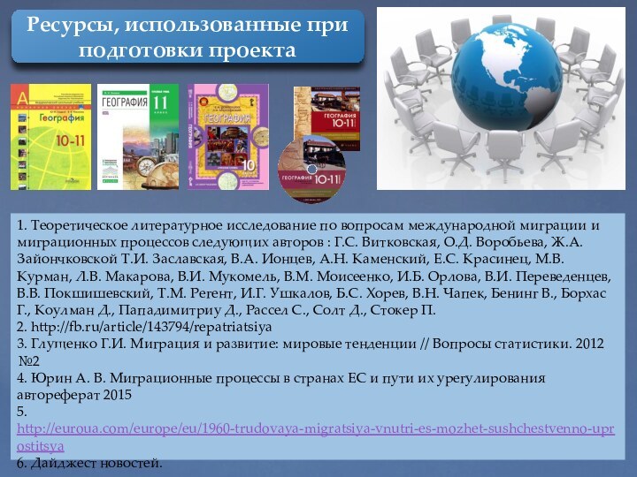 1. Теоретическое литературное исследование по вопросам международной миграции и миграционных процессов следующих