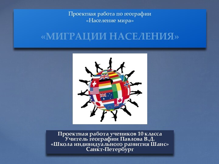 Проектная работа по географии«Население мира»«Миграции населения»Проектная работа учеников 10 классаУчитель географии Павлова В.Д.«Школа индивидуального развития Шанс»Санкт-Петербург