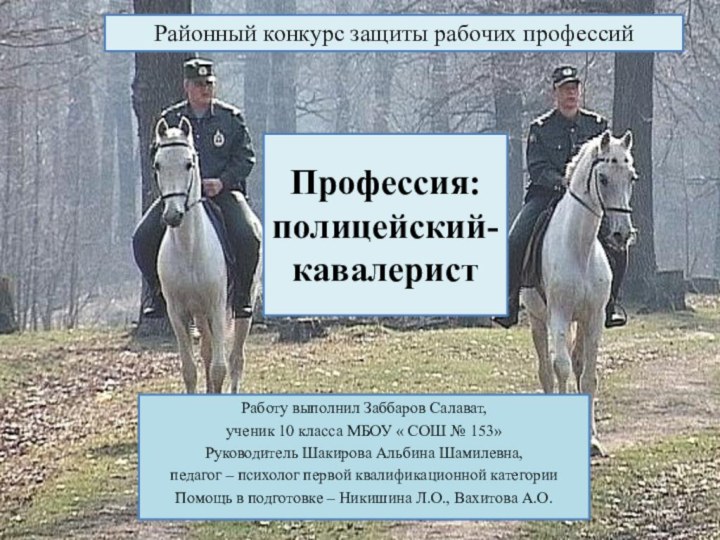 Профессия:  полицейский-кавалеристРаботу выполнил Заббаров Салават,ученик 10 класса МБОУ « СОШ №