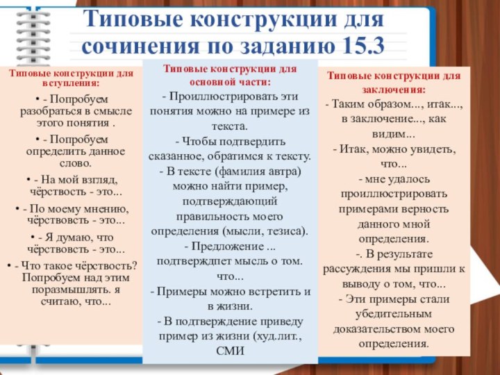 Типовые конструкции для сочинения по заданию 15.3 Типовые конструкции для основной части:-