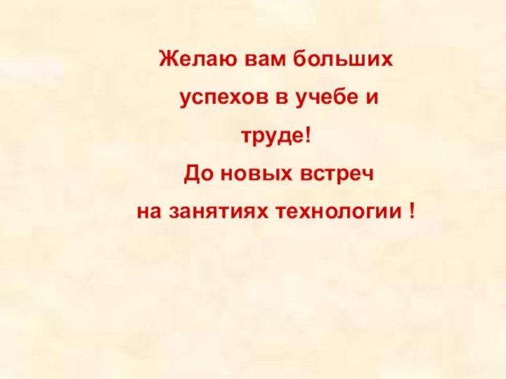 Желаю вам больших успехов в учебе и труде! До новых встреч на занятиях технологии !