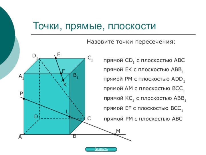 Точки, прямые, плоскостиАВСпрямой СD1 с плоскостью АВС прямой EK с плоскостью АBB1прямой