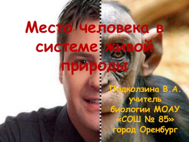 Место человека в системе живой природыПодколзина В.А. учитель биологии МОАУ «СОШ № 85» город Оренбург