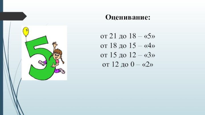 Оценивание:от 21 до 18 – «5»от 18 до 15 – «4»от 15