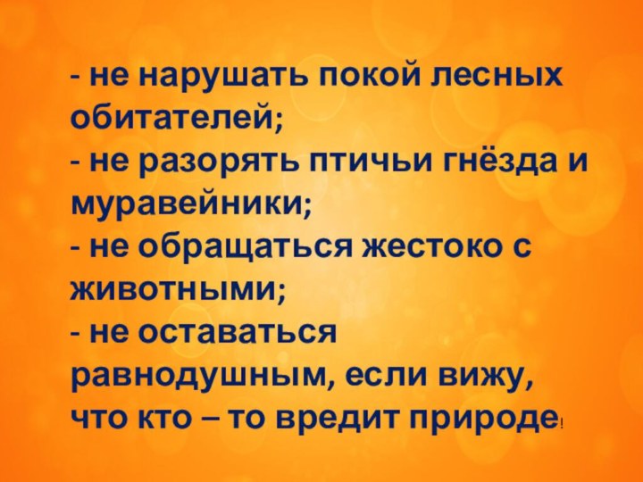 - не нарушать покой лесных обитателей; - не разорять птичьи гнёзда и