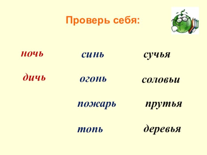 Проверь себя:дичьночьсиньогоньпожарь топьсучьясоловьипрутьядеревья