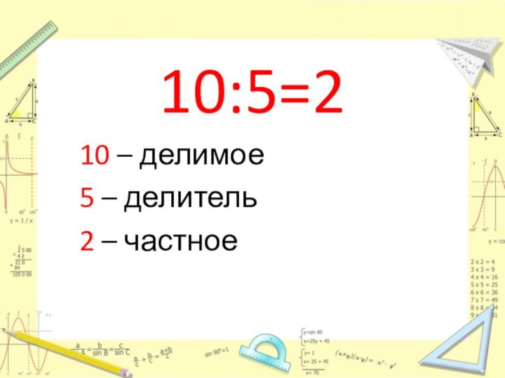 10:5=2   10 – делимое   5 – делитель