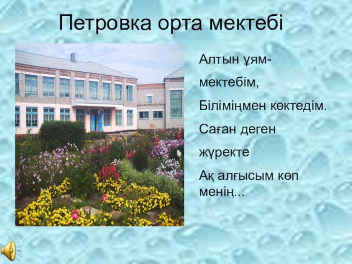 Петровка орта мектебіАлтын ұям- мектебім,Біліміңмен көктедім.Саған деген жүректеАқ алғысым көп менің...