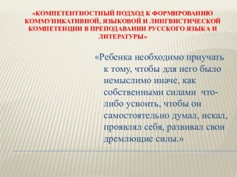 Программа Компетентностного подхода к формированию коммуникативной, языковой и лингвистической компетенции в преподавании русского языка и литературы .