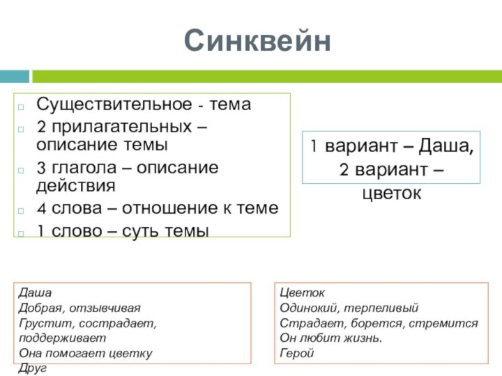 СинквейнСуществительное - тема2 прилагательных – описание темы3 глагола – описание действия4 слова