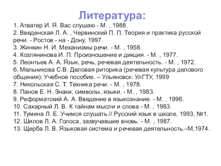 Литература:1. Атватер И. Я. Вас слушаю - М. , 1988.2. Введенская Л.