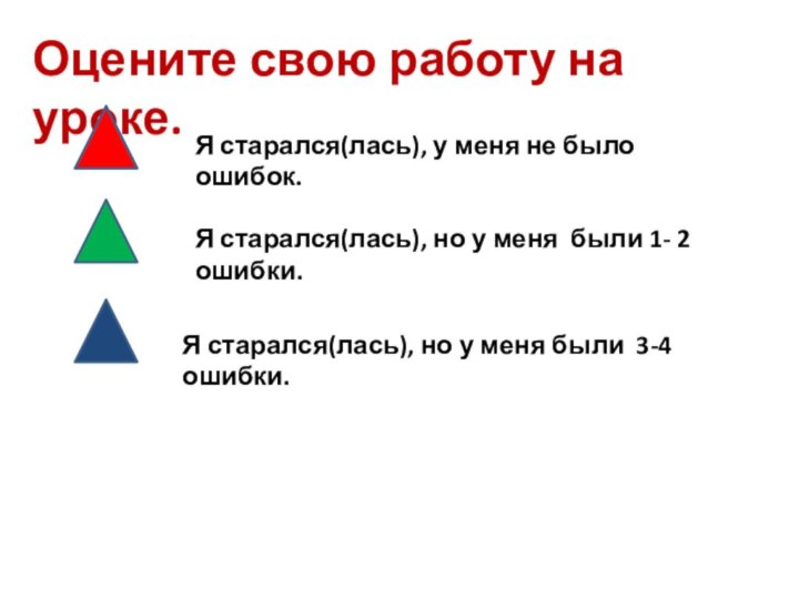 Оцените свою работу на уроке.Я старался(лась), у меня не было ошибок.Я старался(лась),