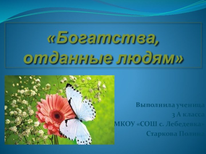 «Богатства,  отданные людям»Выполнила ученица3 А классаМКОУ «СОШ с. Лебедевка» Старкова Полина