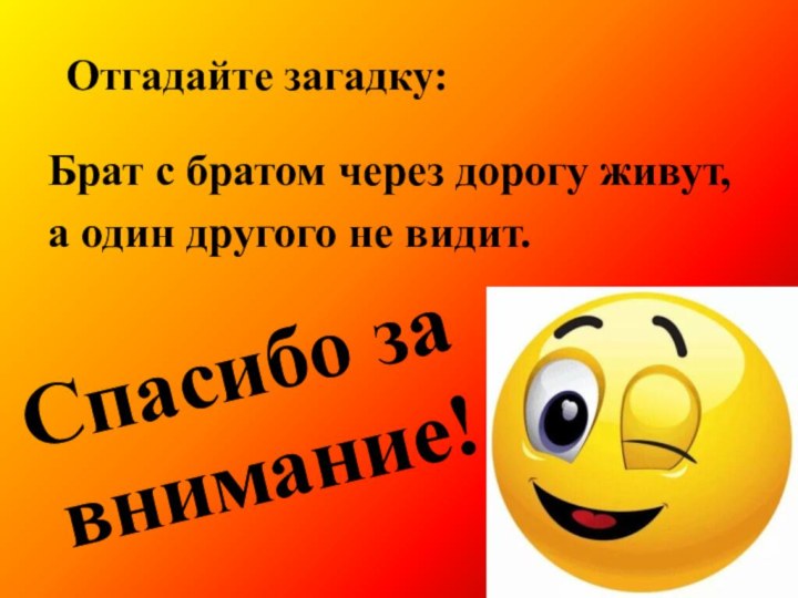 Отгадайте загадку:Брат с братом через дорогу живут,а один другого не видит.Спасибо за внимание!